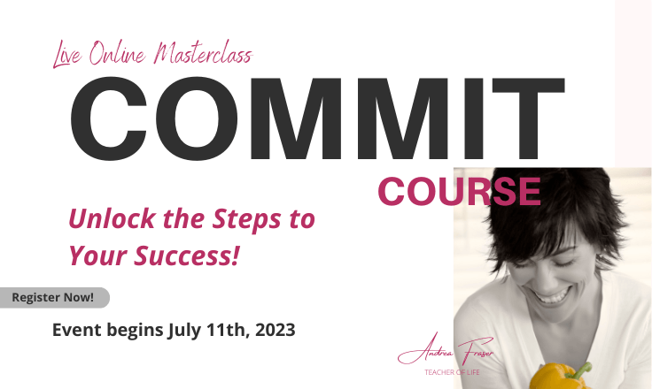 White background with the words Commit Course and a picture of Andrea living absolute wellness.